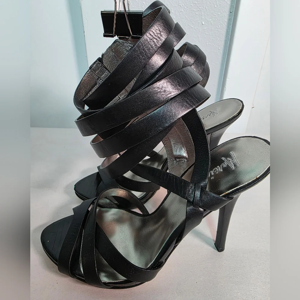 Marciano Black Leather Strappy Gladiator Stiletto Heels Women's Size 7M